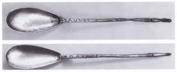 Figure 3: The Byzantine silver spoons of Sutton Hoo inscribed with the Greek of names Saul and Paul (Care Evans 1986, 62).